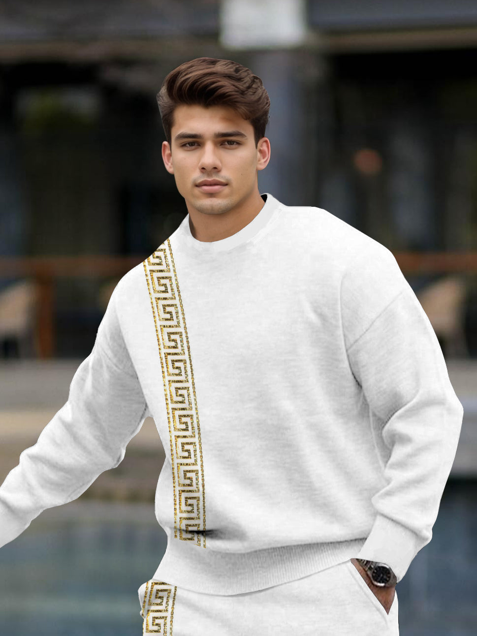 Men's Stand  Geometric Strip Printed Long Sleeve Crew-Neck Sweatshirt Two-Piece Set