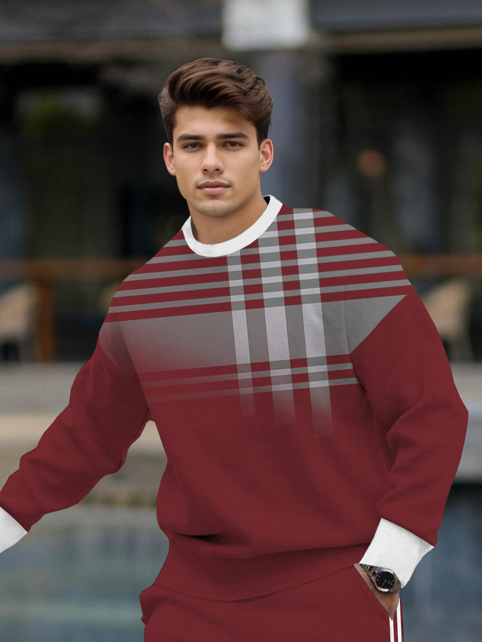 Men's Gradation Geometric Strip Printed Long Sleeve Crew-Neck Sweatshirt Two-Piece Set