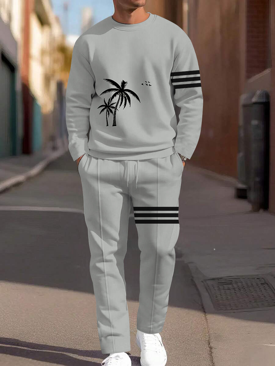 2pcs Men's Tree Strip Printed Long Sleeve Crew-Neck Hoodie with Pants