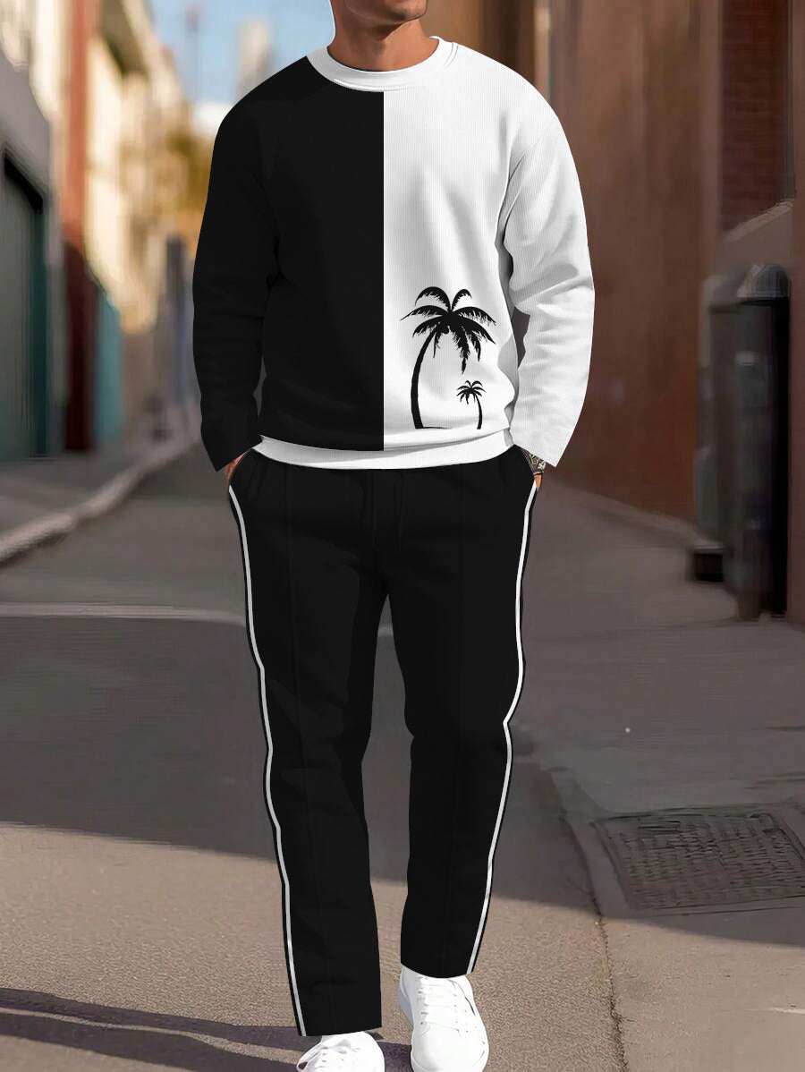 Men's Coconut Tree Printed Long Sleeve Crew-Neck Sweatshirt Two-Piece Set