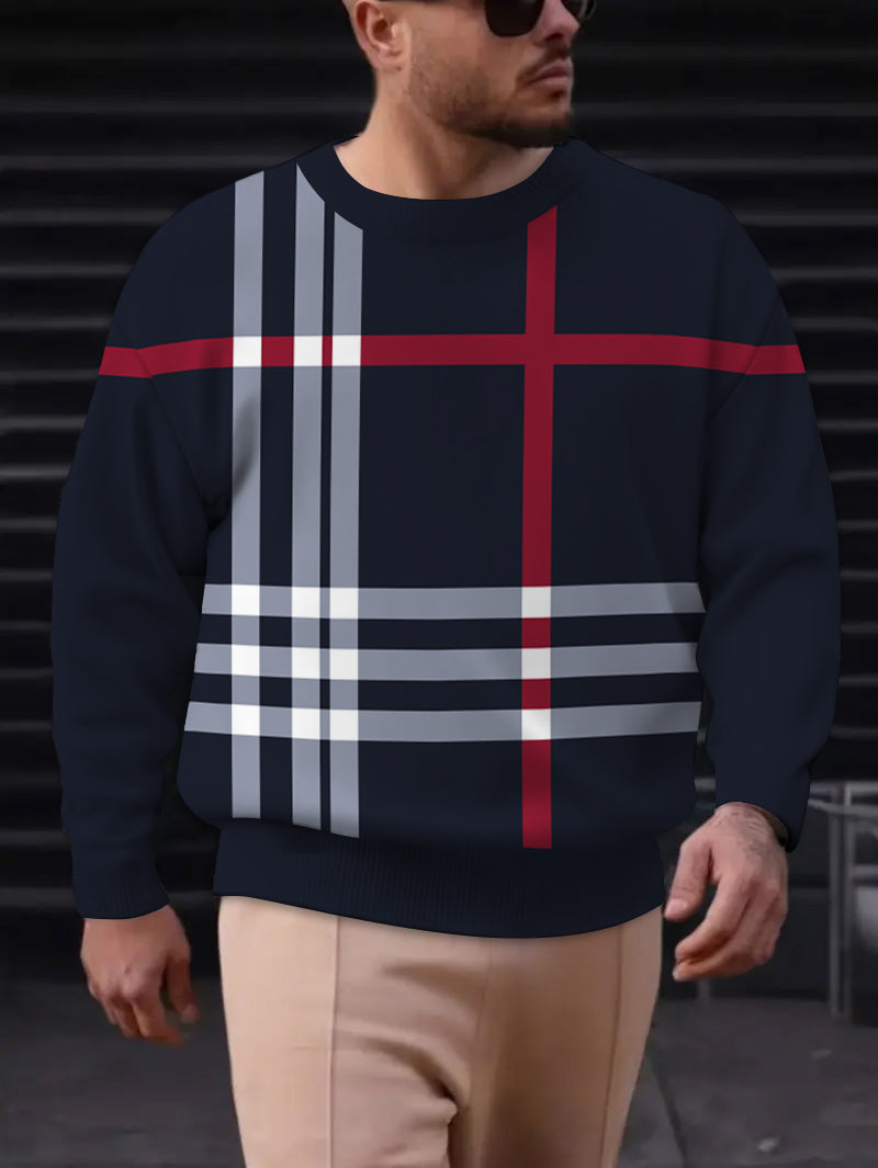 Men's Match Strip Blue Color Printed Long Sleeve Crew-Neck Sweater