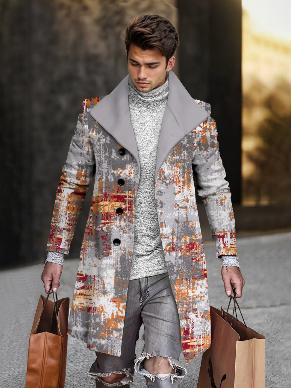 Men's Fashion Mix Color Geometric Print Mid-length Coat