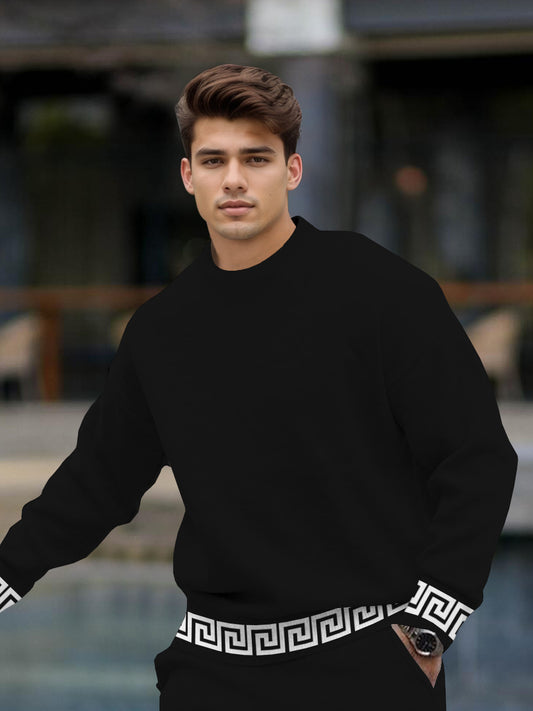 Men's Pure Color Geometric Printed Long Sleeve Crew-Neck Sweatshirt Two-Piece Set