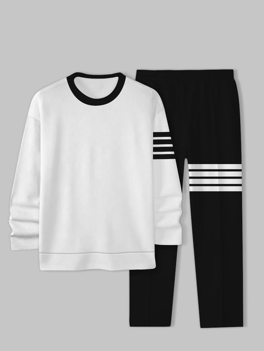 2pcs Men's Black White Strip Printed Long Sleeve Crew-Neck Hoodie with Pants