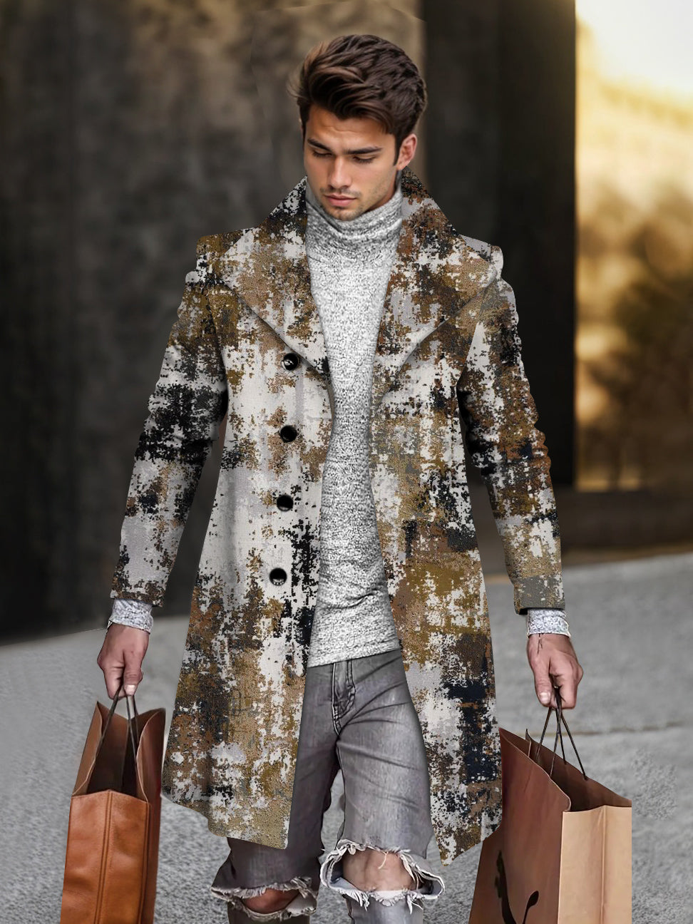 Men's Fashion Mix Color Brown Grey Geometric Print Mid-length Coat