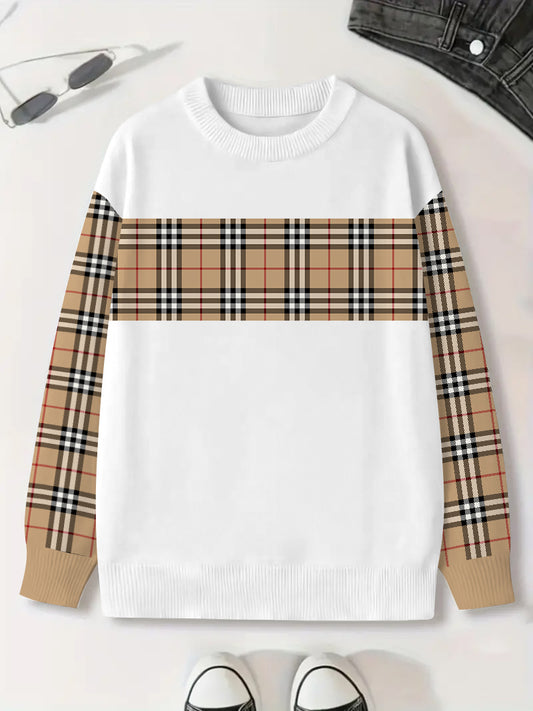 Men's Match Strip Color Printed Long Sleeve Crew-Neck Sweater