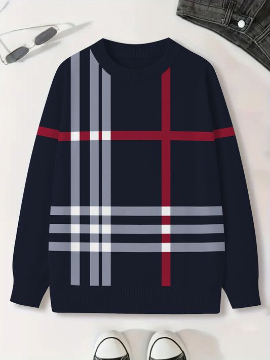 Men's Match Strip Blue Color Printed Long Sleeve Crew-Neck Sweater