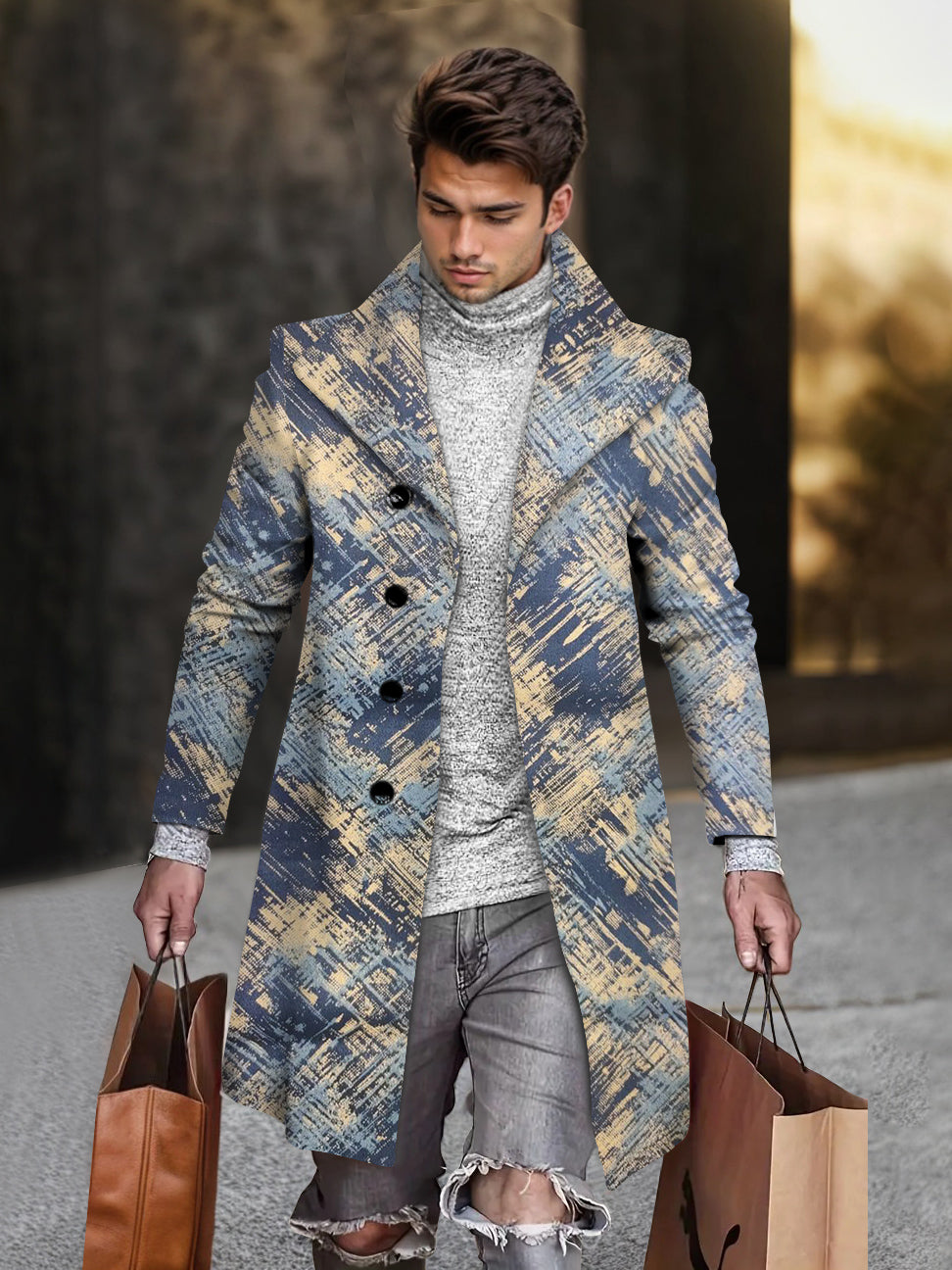 Men's Contrast Color Brown Grey Geometric Print Mid-length Coat