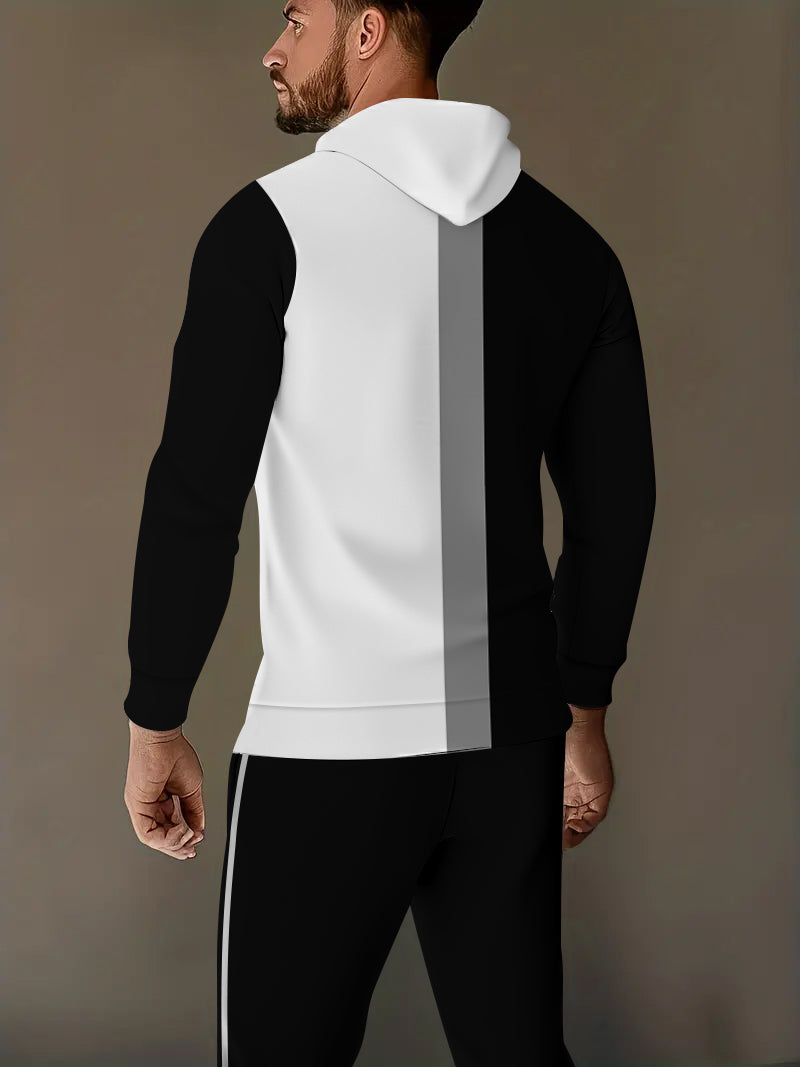 2Pcs Men's White and Black Printed Long Sleeve V-neck Collar Hoodie and Pants