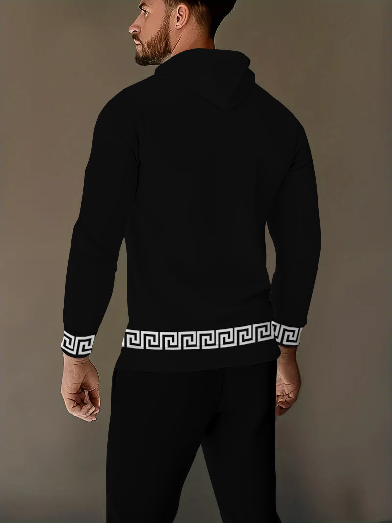 2Pcs Men's White Block Printed Long Sleeve V-neck Collar Hoodie and Pants