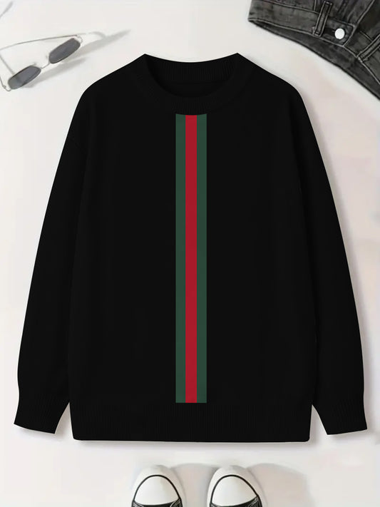 Men's Red Strip Printed Long Sleeve Crew-Neck Sweater