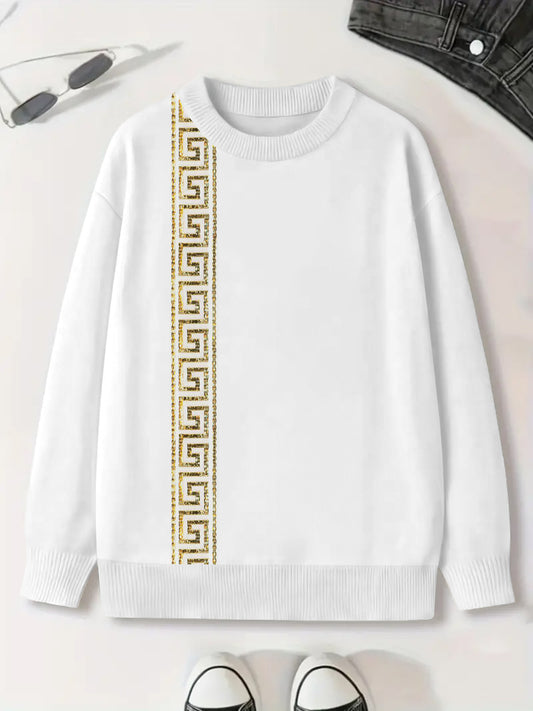 Men's Gold Strip Printed Long Sleeve Crew-Neck Sweater