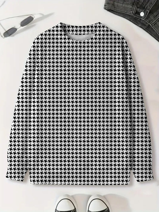 Men's Black White Strip Printed Long Sleeve Crew-Neck Sweater