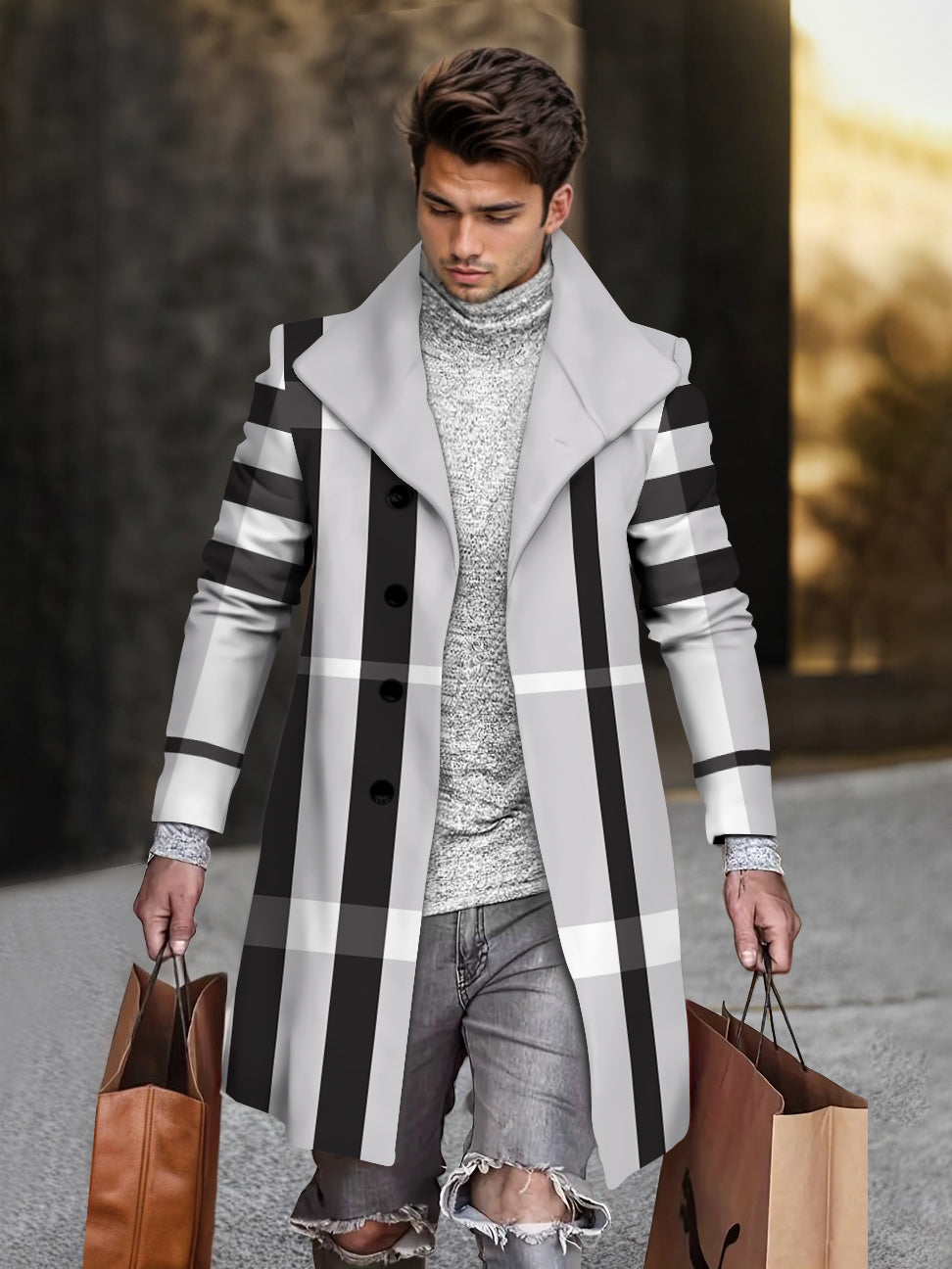 Men's Contrast Strip Color Grey Geometric Print Mid-length Coat