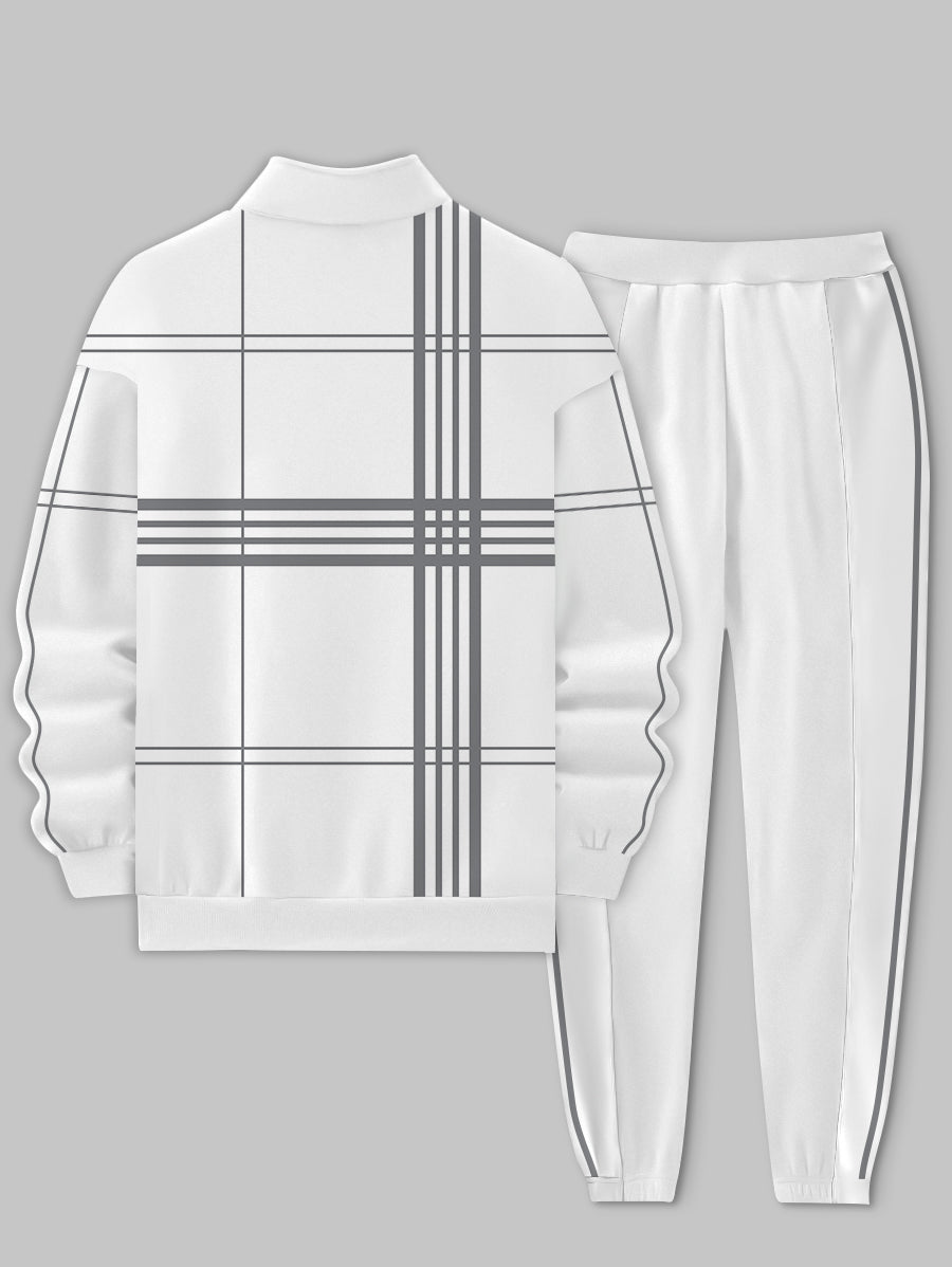 Men's Strip Printed Long Sleeve Stand Collar Zip-up  Hoodie Two-Piece Set White