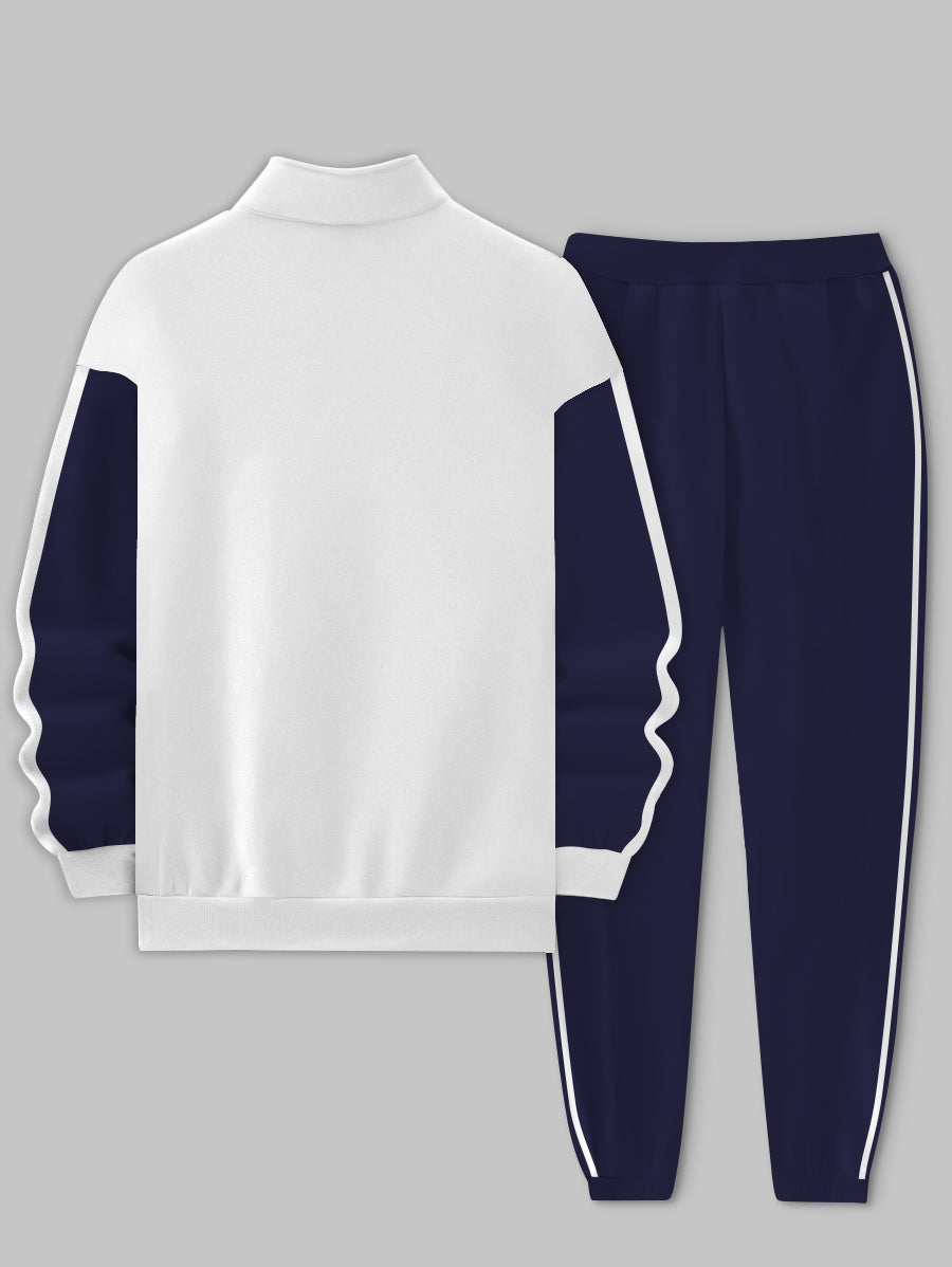 Men's Blue White Printed Long Sleeve Stand Collar Zip-up Sweatshirt Two-Piece Set with Pants