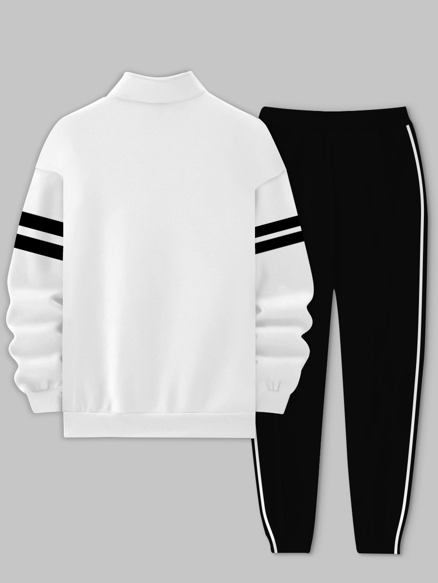 Men's Stand Collar Strip Printed Long Sleeve Sweatshirt Pants 2Pcs Set