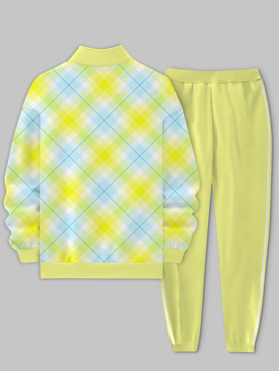 Men's Colored Yellow Strip Geometric Printed Long Sleeve Stand Collar Zip-up Sweatshirt Two-Piece Set