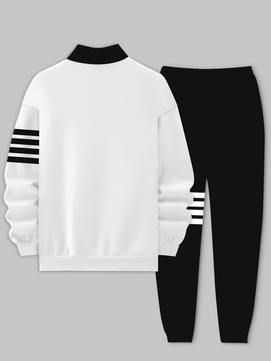 Black Strip Printed Long Sleeve Stand Collar Sweatshirt Two-Piece Set for Man