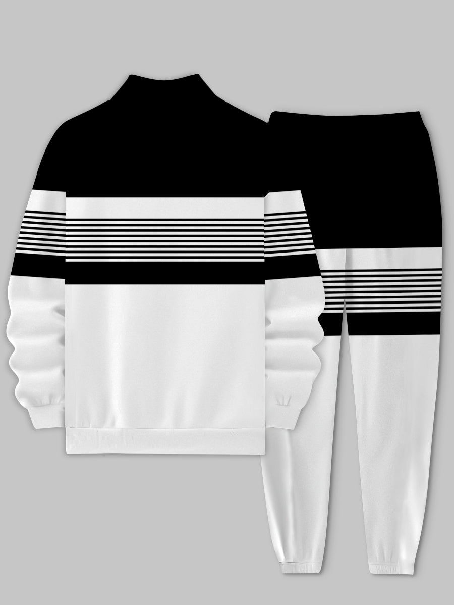 Men's Black Strip Printed Long Sleeve Stand Collar Zip-up Sweatshirt Two-Piece Set with Pants