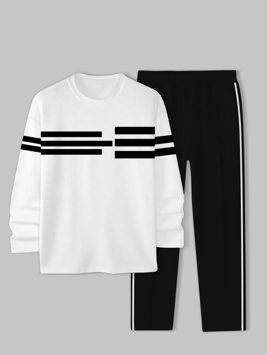 Men's Strip Geometric Printed Long Sleeve Crew-Neck Sweatshirt Two-Piece Set