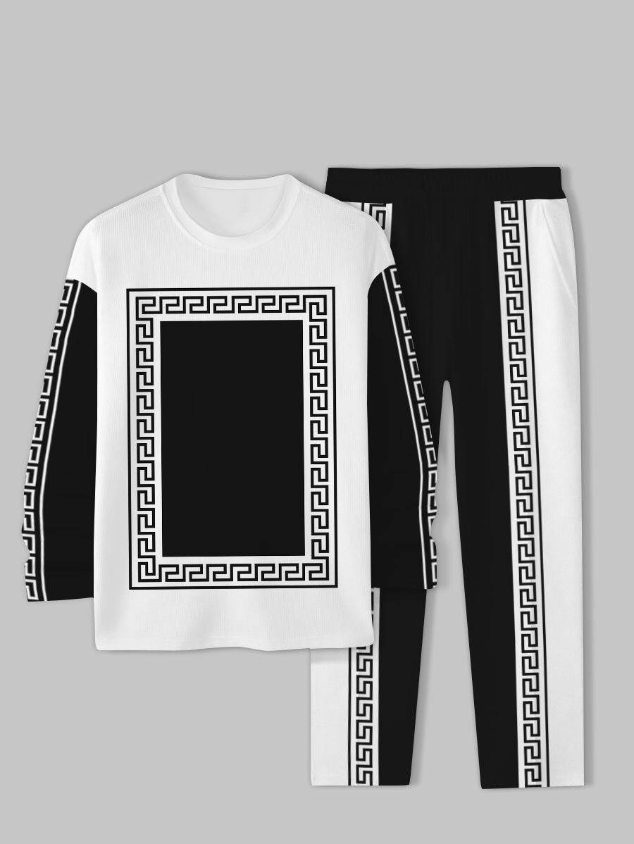 Men's Black Block Geometric Printed Long Sleeve Crew-Neck Sweatshirt Two-Piece Set