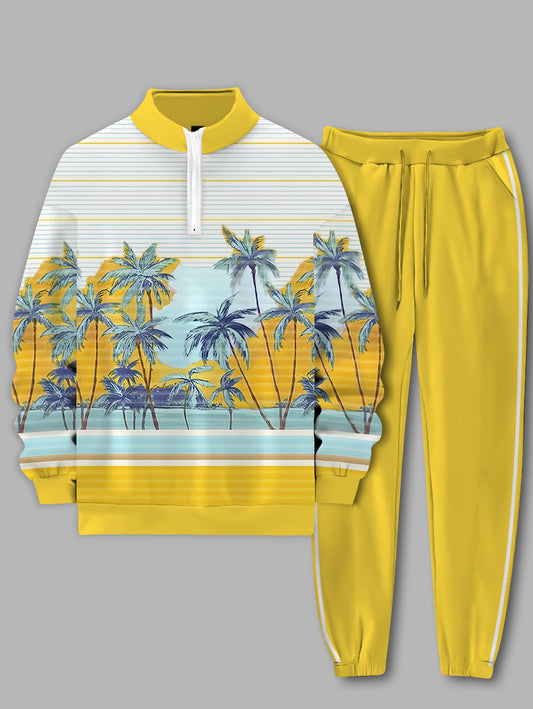 Men's Coconut Tree Printed Long Sleeve Stand Collar Zip-up Sweatshirt Two-Piece Set