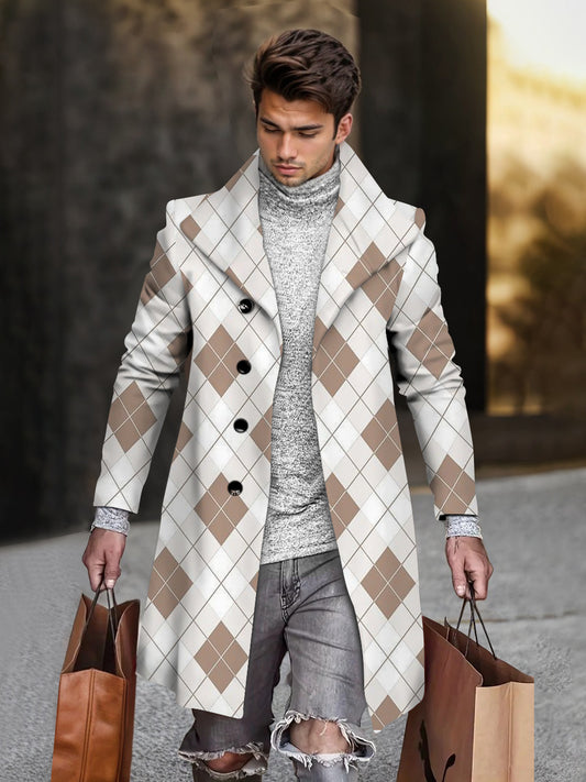 Men's Contrast Block Color Brown Geometric Print Mid-length Coat