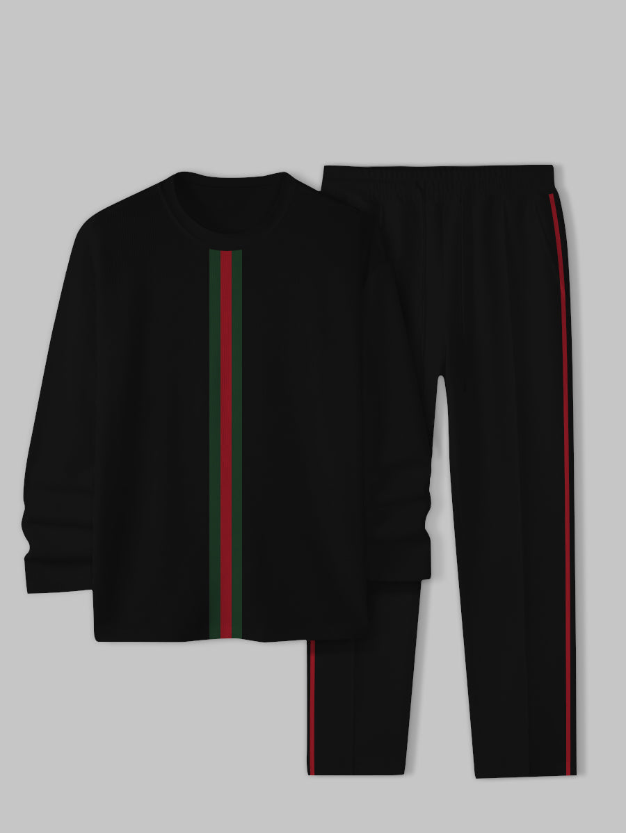 Men's Stand Red Strip Printed Long Sleeve Stand Collar Zip-up Sweatshirt Two-Piece Set with Pants