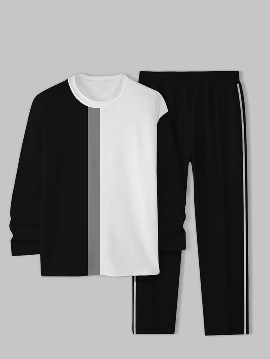 Men's  Black White  Long Sleeve Crew-Neck Sweatshirt Two-Piece Set