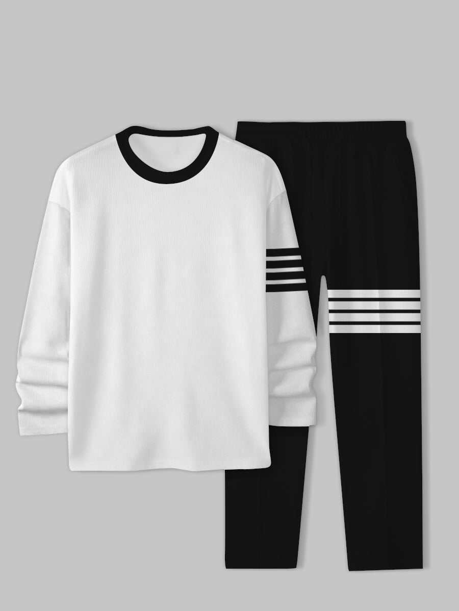 Men's 2pcs Black White Printed Long Sleeve Crew-Neck Sweatshirt with Pants