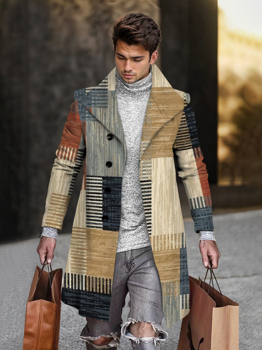 Men's Contrast Block Color Brown Grey Geometric Print Mid-length Coat