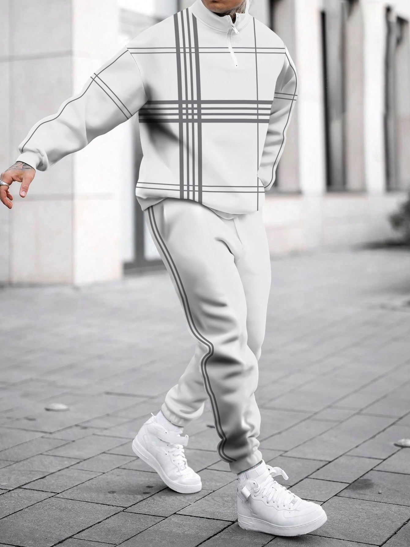 Men's Strip Printed Long Sleeve Stand Collar Zip-up  Hoodie Two-Piece Set White