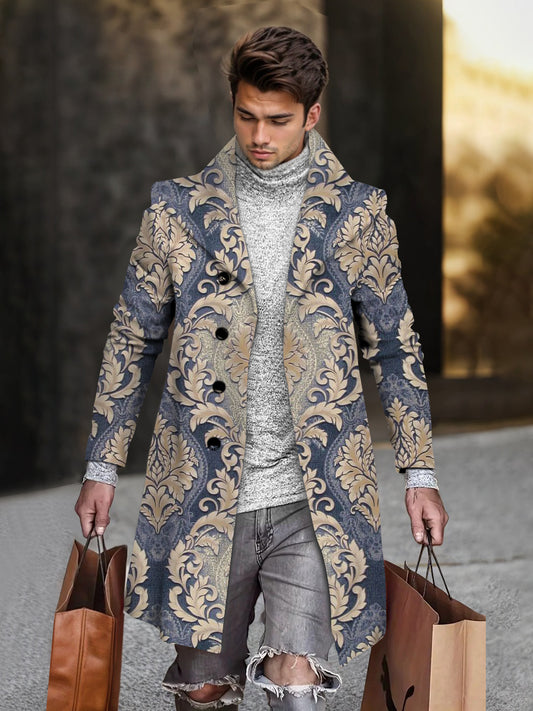 Men's Floral Geometric Print Mid-length Long Sleeve Coat