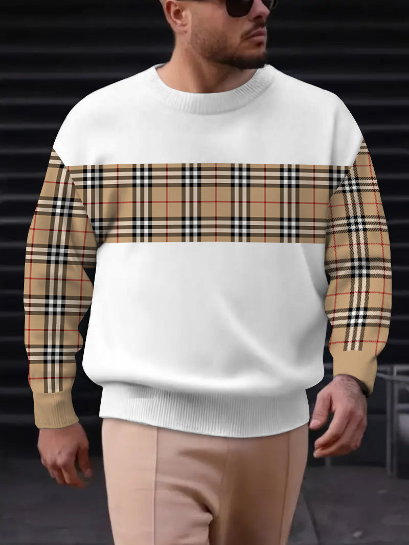 Men's Match Strip Color Printed Long Sleeve Crew-Neck Sweater