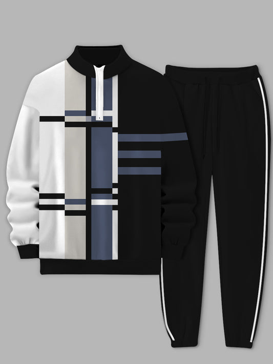 Men's Contrast Strip Printed Long Sleeve Stand Collar Zip-up Sweatshirt Two-Piece Set