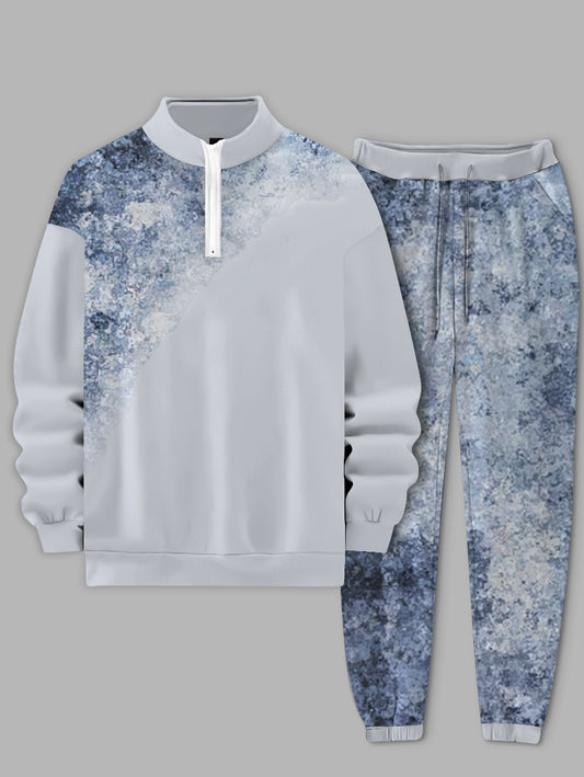 Men's Blue Gradation Printed Long Sleeve Stand Collar Zip-up Sweatshirt Two-Piece Set