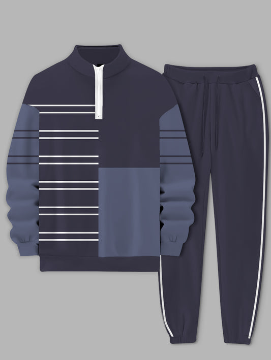 Men's Blue Strip Block Printed Long Sleeve Stand Collar Zip-up Sweatshirt Two-Piece Set