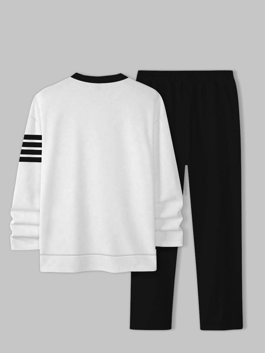 2pcs Men's Black White Strip Printed Long Sleeve Crew-Neck Hoodie with Pants