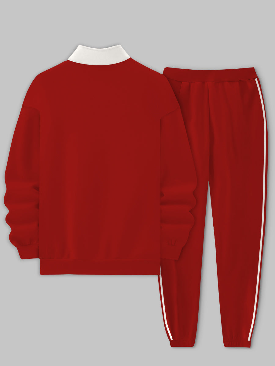 Men's Red Strip Printed Sports Long Sleeve Stand Collar Zip-up Sweatshirt Two-Piece Set