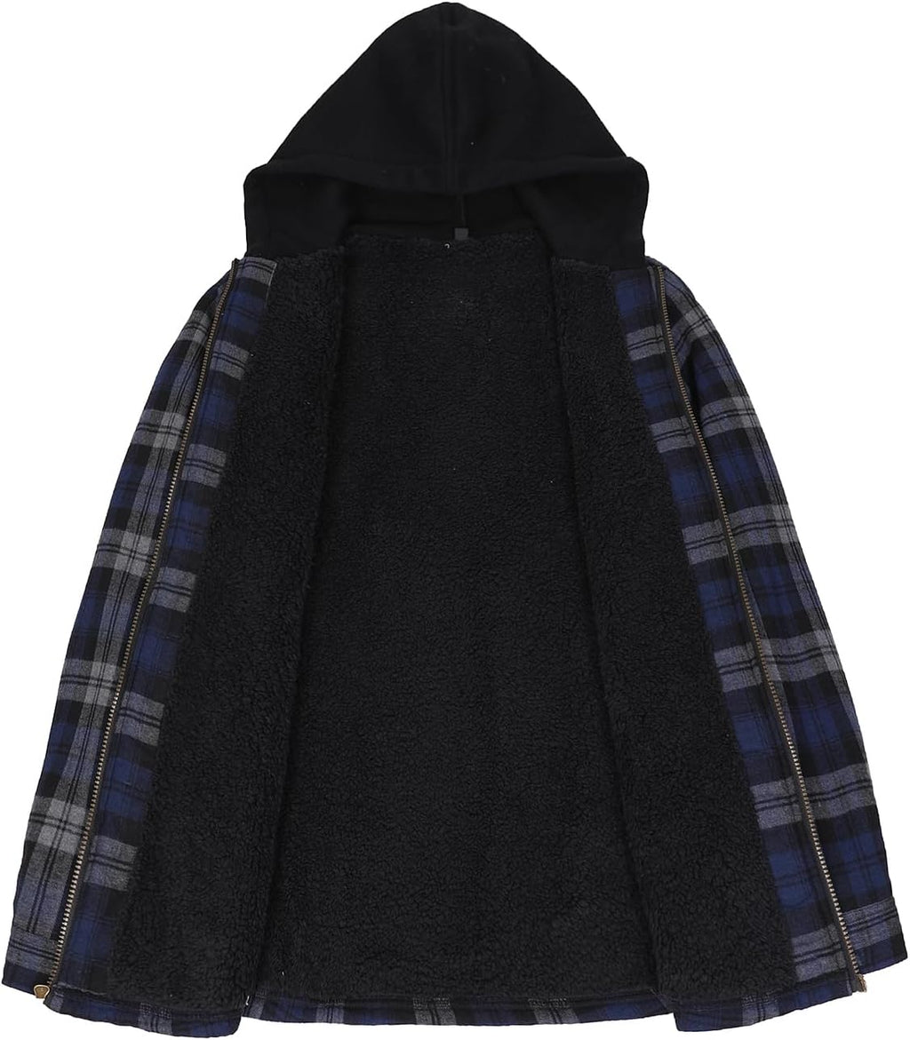 Men's Sherpa Lined Full Zip Hooded Plaid Shirt Jacket