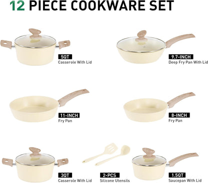 12 Piece Green Granite Nonstick Pots and Pans Set Induction Compatible Cookware