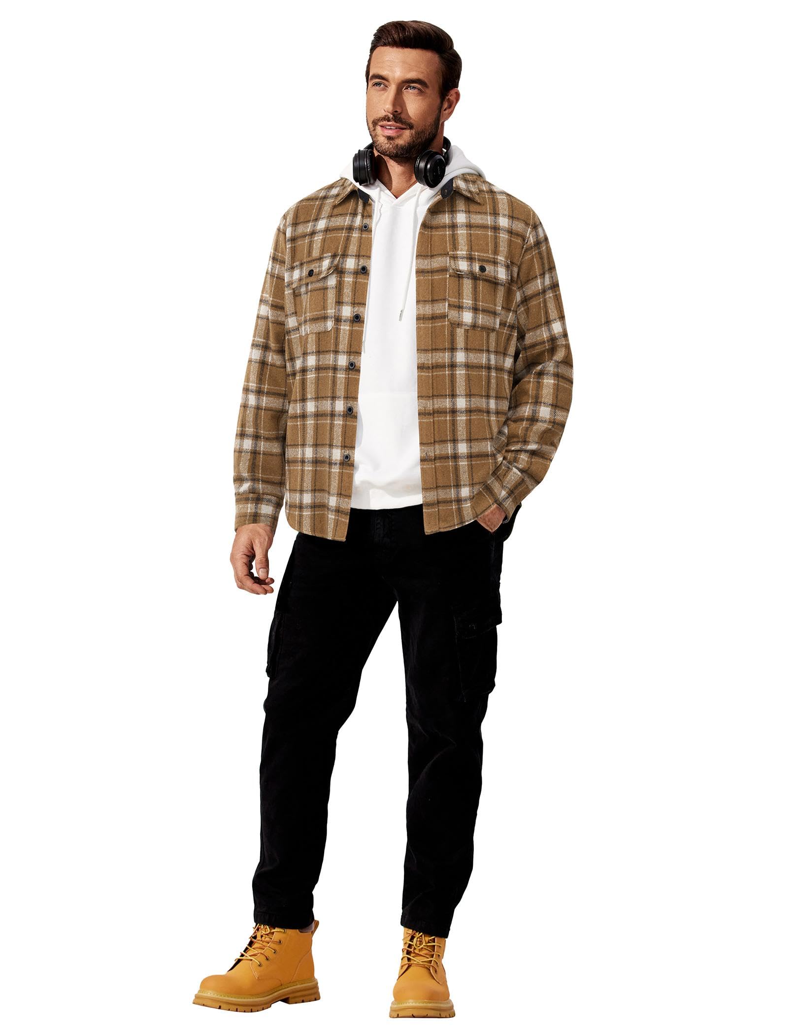Mens Cotton Plaid Flannel Shirt Long Sleeve Casual Shirt Jacket With Pockets