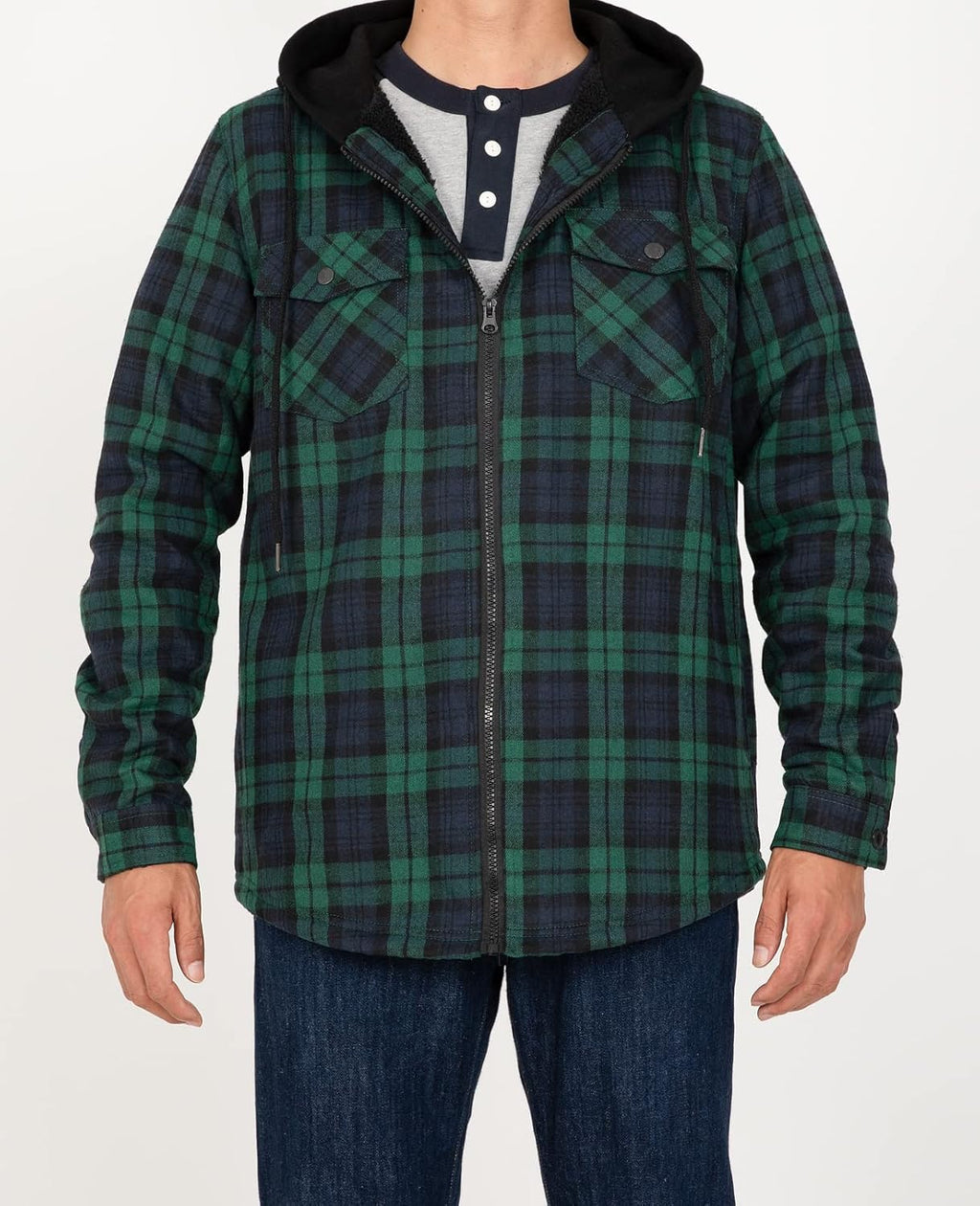 Men's Sherpa Lined Full Zip Hooded Plaid Shirt Jacket