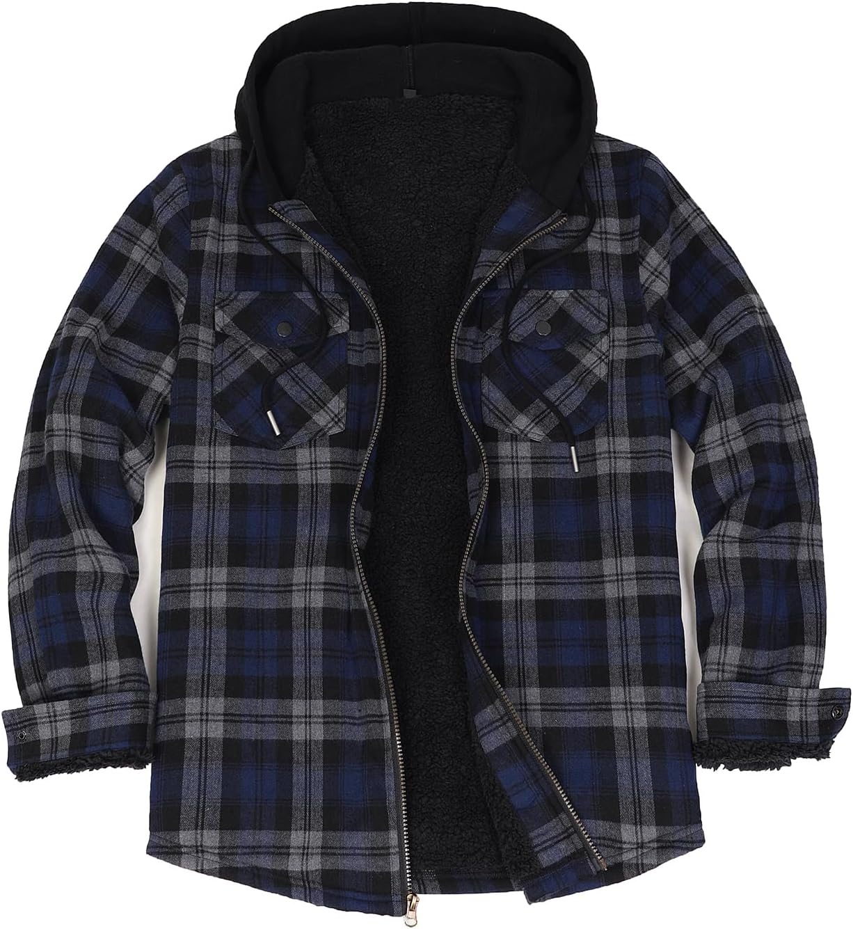 Men's Sherpa Lined Full Zip Hooded Plaid Shirt Jacket
