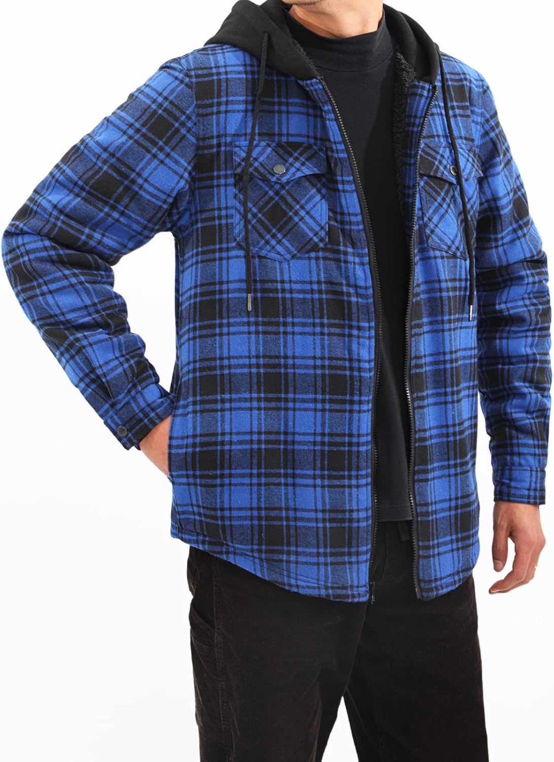 Men's Sherpa Lined Full Zip Hooded Plaid Shirt Jacket