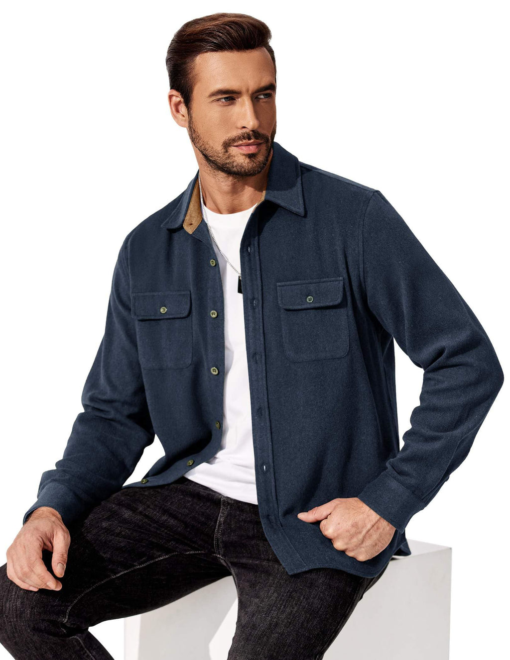 Mens Flannel Cotton Shirt Long Sleeve Plaid Button Down With Pockets