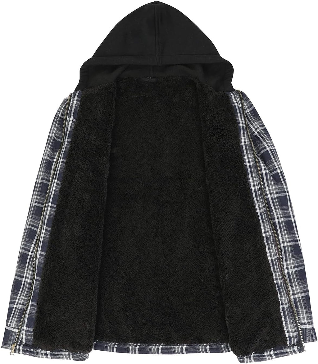 Men's Sherpa Lined Full Zip Hooded Plaid Shirt Jacket