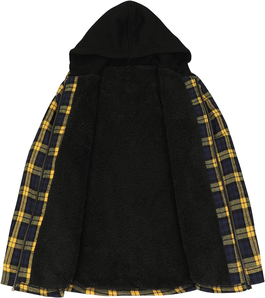 Men's Sherpa Lined Full Zip Hooded Plaid Shirt Jacket