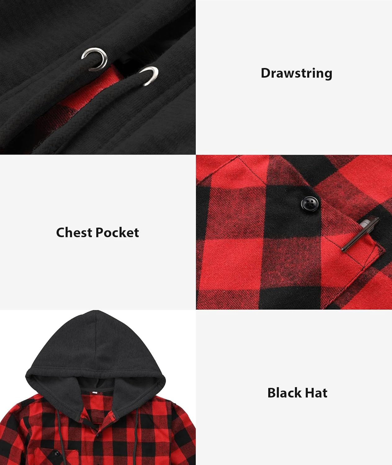 3 Pack Men's Flannel Hoodie Shirts Long Sleeve
